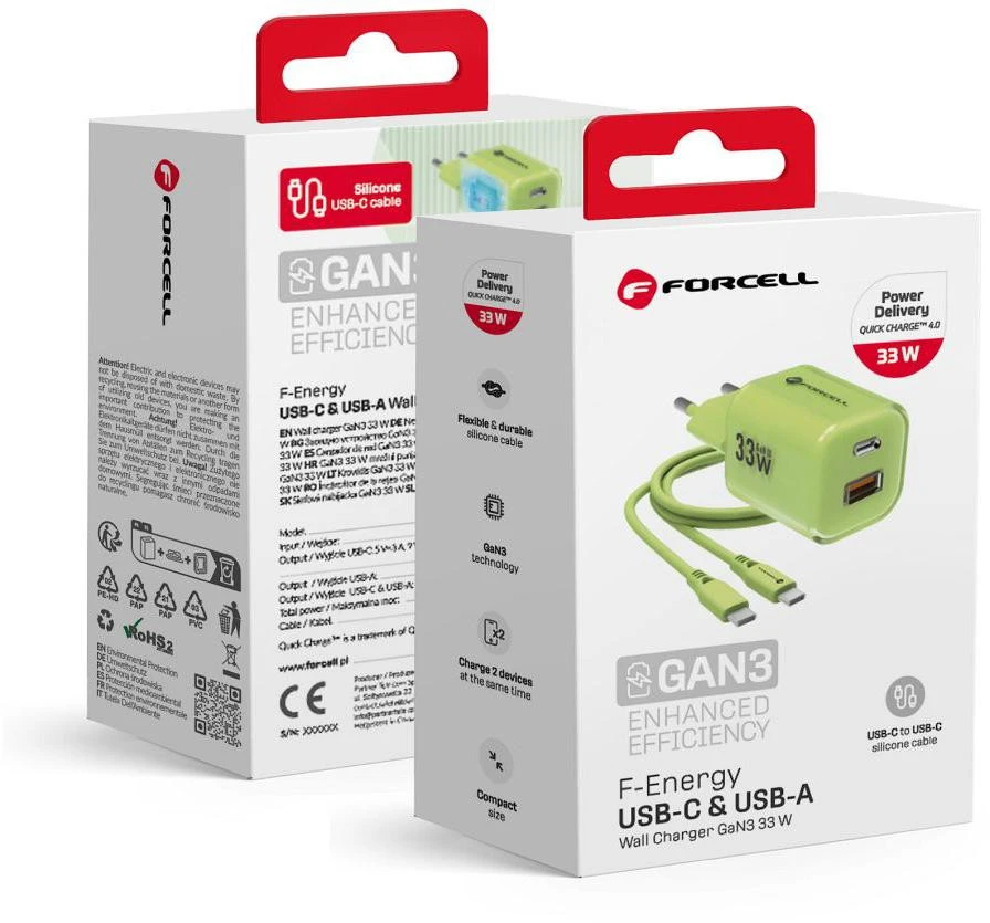 Telefono įkroviklis Forcell F-Energy GaN III Crystal Color USB C + USB A QC4.0 PD 33W + silikoninis laidas USB C į USB C VT-41 žalias