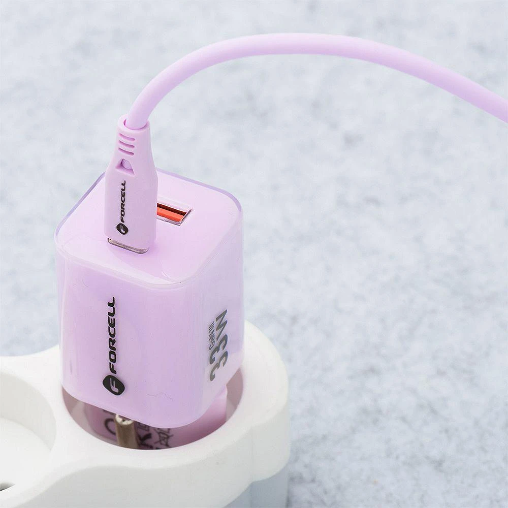 Telefono įkroviklis Forcell F-Energy GaN III Crystal Color USB C + USB A QC4.0 PD 33W + silikoninis laidas USB C į USB C VT-41 violetinė 0INT