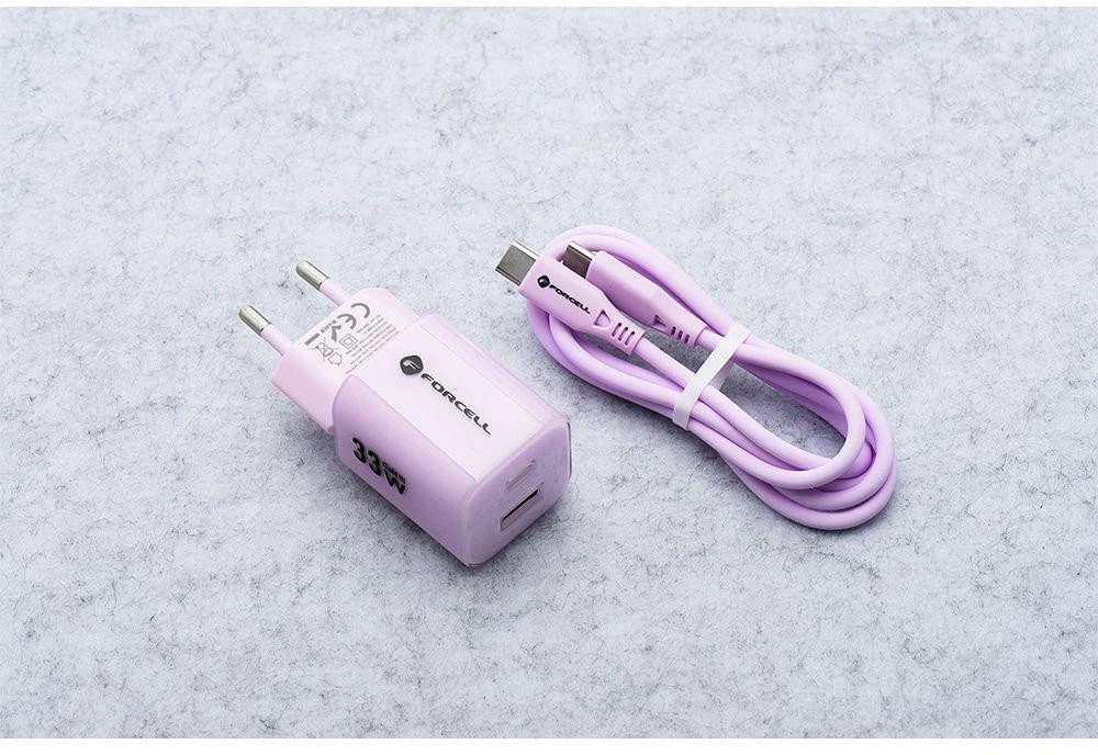 Telefono įkroviklis Forcell F-Energy GaN III Crystal Color USB C + USB A QC4.0 PD 33W + silikoninis laidas USB C į USB C VT-41 violetinė 0INT