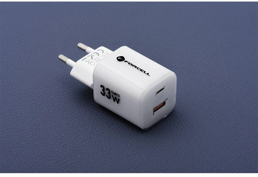 Telefono įkroviklis Forcell F-Energy GaN III Crystal Color USB C + USB A QC4.0 PD 33W + silikoninis laidas USB C į USB C VT-41 baltas 0INT