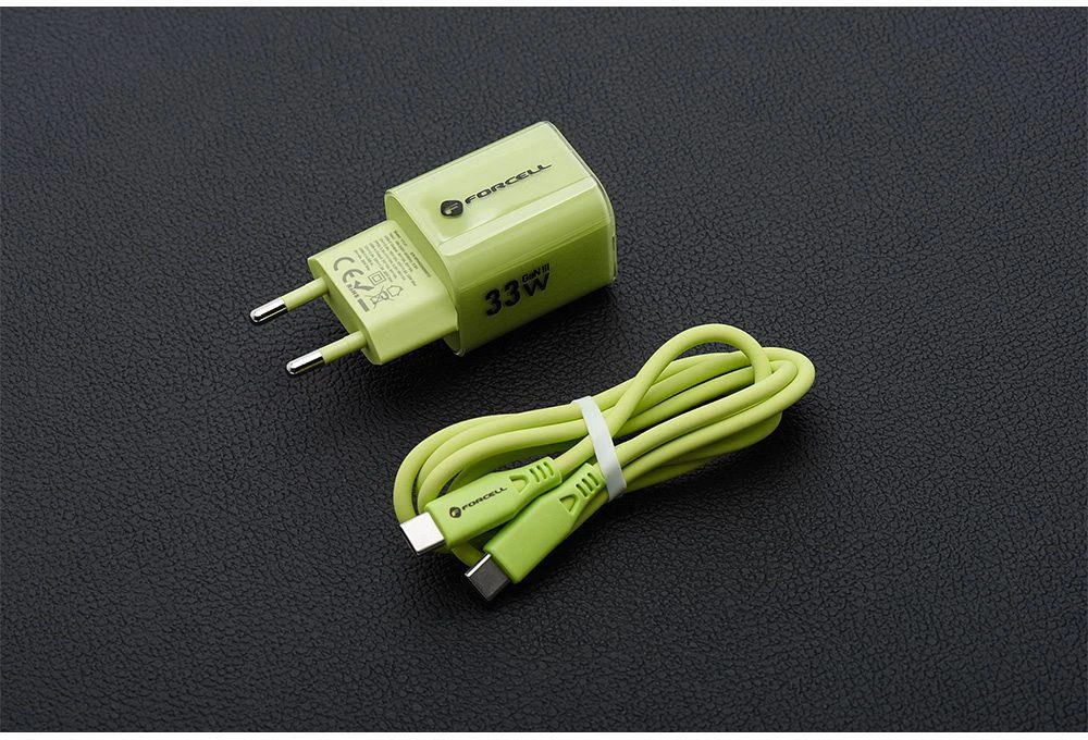 Telefono įkroviklis Forcell F-Energy GaN III Crystal Color USB C + USB A QC4.0 PD 33W + silikoninis laidas USB C į USB C VT-41 žalias