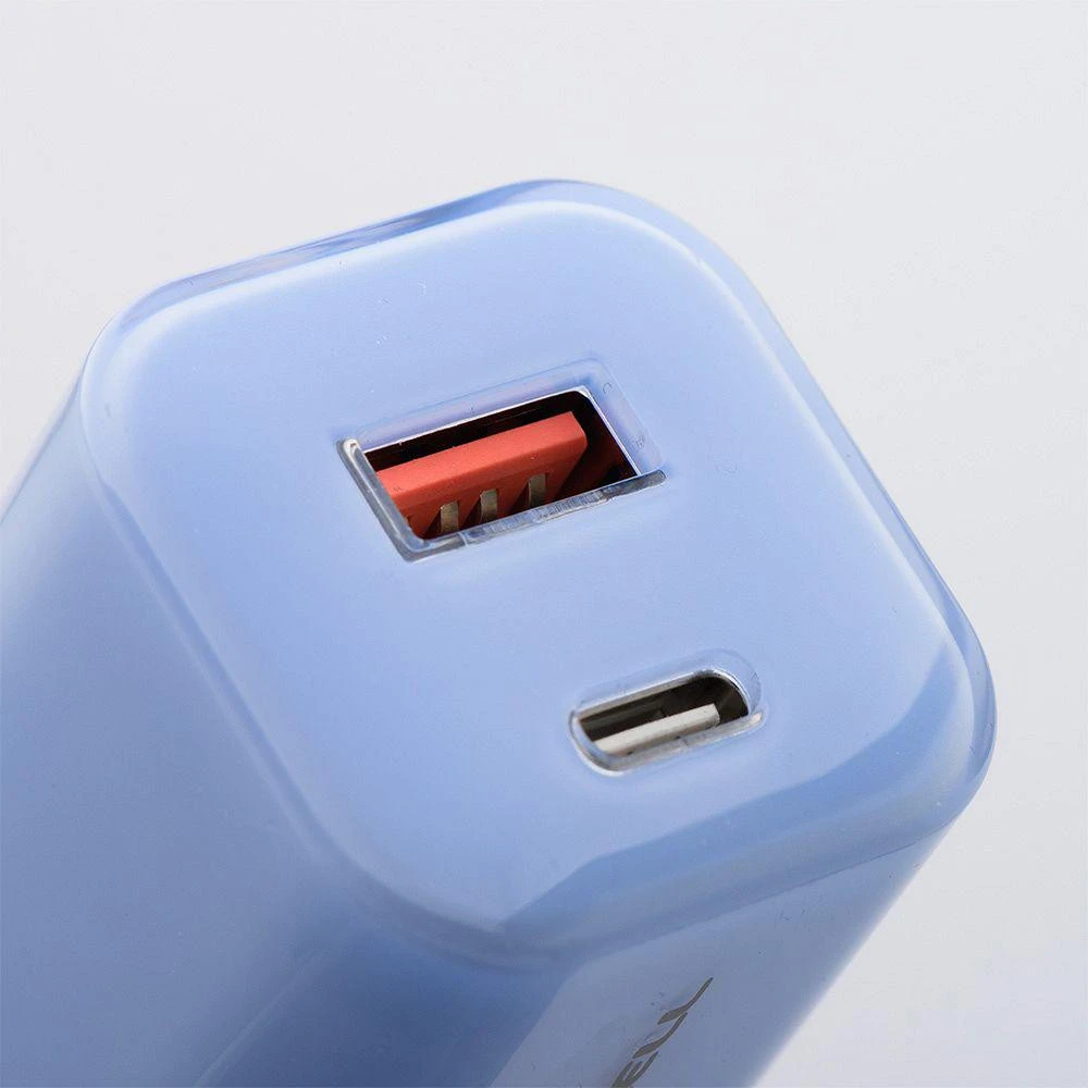 Telefono įkroviklis Forcell F-Energy GaN III Crystal Color USB C + USB A QC4.0 PD 33W + silikoninis laidas USB C į USB C VT-41 mėlynas