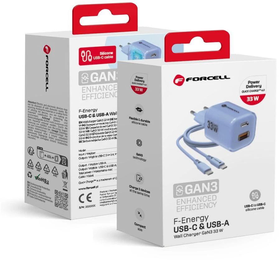 Telefono įkroviklis Forcell F-Energy GaN III Crystal Color USB C + USB A QC4.0 PD 33W + silikoninis laidas USB C į USB C VT-41 mėlynas