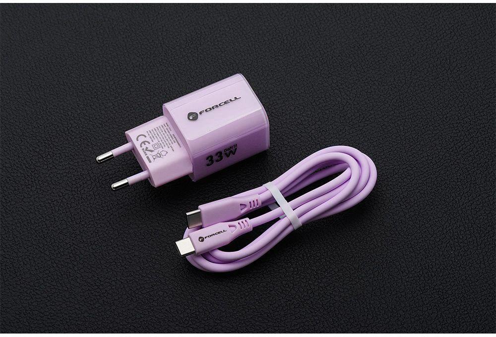 Telefono įkroviklis Forcell F-Energy GaN III Crystal Color USB C + USB A QC4.0 PD 33W + silikoninis laidas USB C į USB C VT-41 violetinė 0INT
