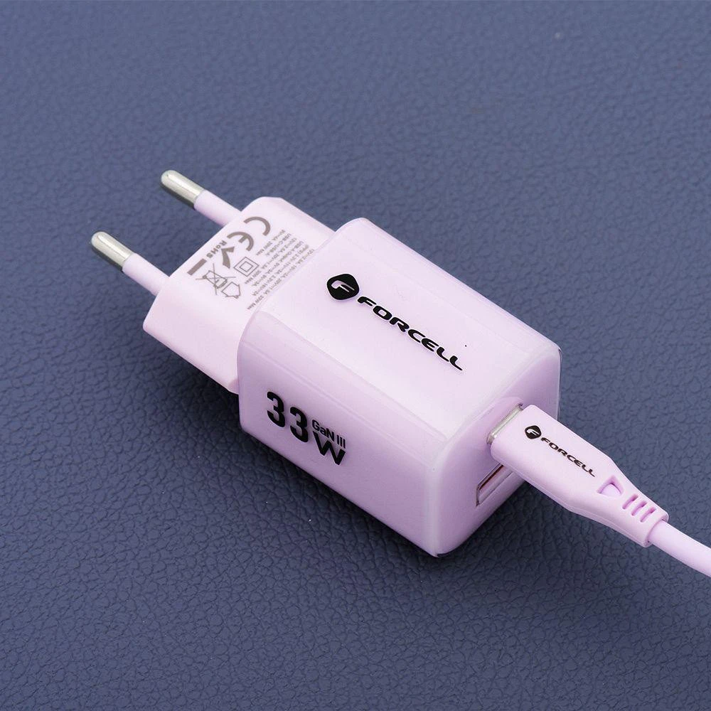 Telefono įkroviklis Forcell F-Energy GaN III Crystal Color USB C + USB A QC4.0 PD 33W + silikoninis laidas USB C į USB C VT-41 violetinė 0INT