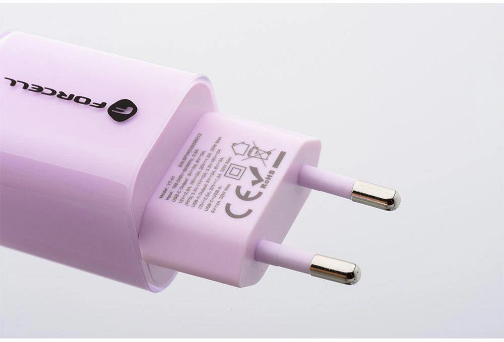 Telefono įkroviklis Forcell F-Energy GaN III Crystal Color USB C + USB A QC4.0 PD 33W + silikoninis laidas USB C į USB C VT-41 violetinė 0INT