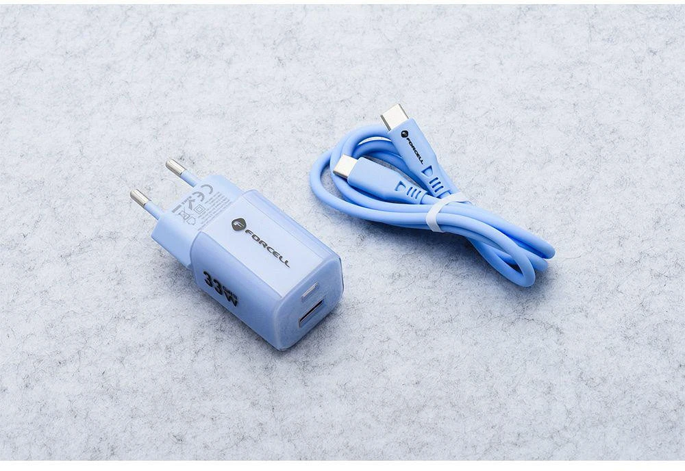 Telefono įkroviklis Forcell F-Energy GaN III Crystal Color USB C + USB A QC4.0 PD 33W + silikoninis laidas USB C į USB C VT-41 mėlynas