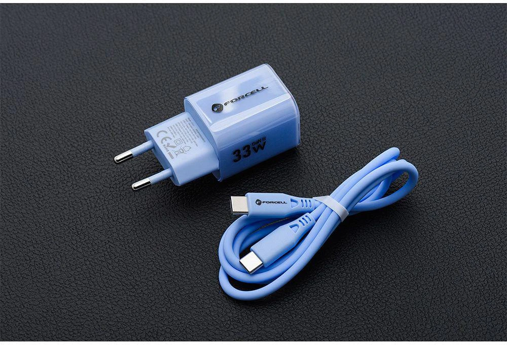 Telefono įkroviklis Forcell F-Energy GaN III Crystal Color USB C + USB A QC4.0 PD 33W + silikoninis laidas USB C į USB C VT-41 mėlynas