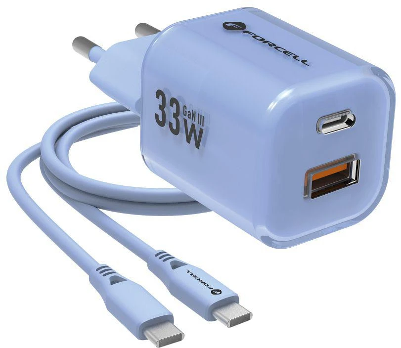 Telefono įkroviklis Forcell F-Energy GaN III Crystal Color USB C + USB A QC4.0 PD 33W + silikoninis laidas USB C į USB C VT-41 mėlynas