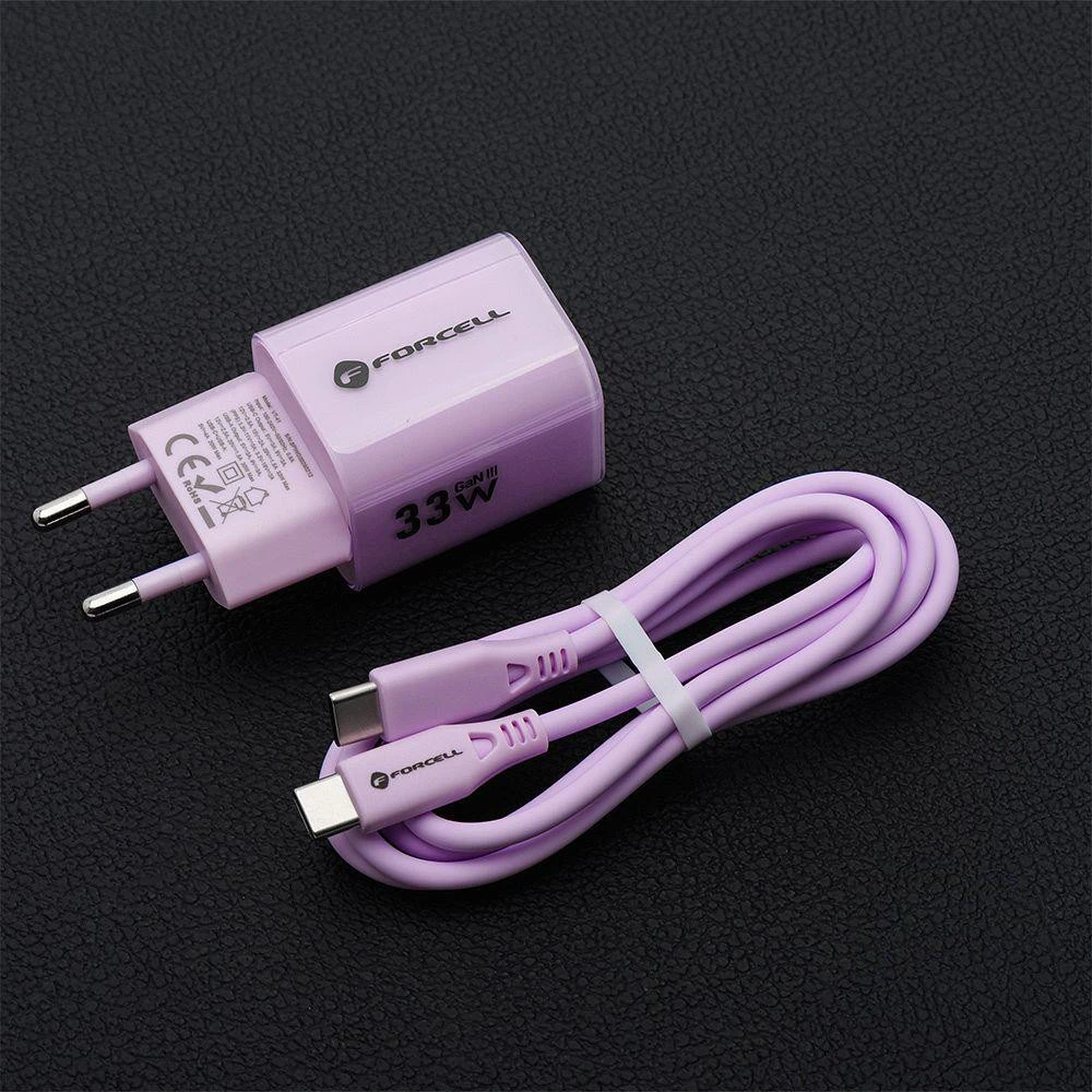Telefono įkroviklis Forcell F-Energy GaN III Crystal Color USB C + USB A QC4.0 PD 33W + silikoninis laidas USB C į USB C VT-41 violetinė 0INT