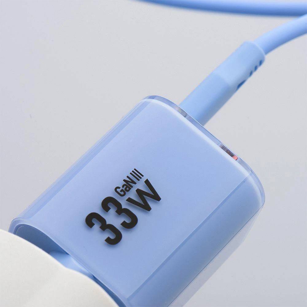 Telefono įkroviklis Forcell F-Energy GaN III Crystal Color USB C + USB A QC4.0 PD 33W + silikoninis laidas USB C į USB C VT-41 mėlynas