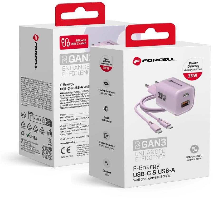 Telefono įkroviklis Forcell F-Energy GaN III Crystal Color USB C + USB A QC4.0 PD 33W + silikoninis laidas USB C į USB C VT-41 violetinė 0INT