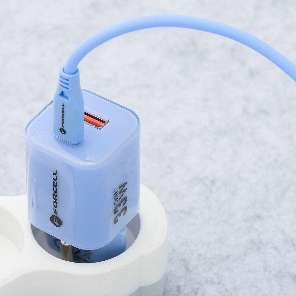 Telefono įkroviklis Forcell F-Energy GaN III Crystal Color USB C + USB A QC4.0 PD 33W + silikoninis laidas USB C į USB C VT-41 mėlynas