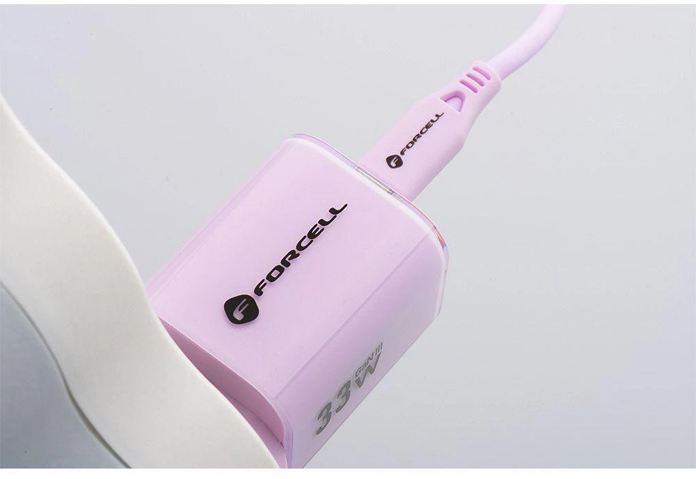 Telefono įkroviklis Forcell F-Energy GaN III Crystal Color USB C + USB A QC4.0 PD 33W + silikoninis laidas USB C į USB C VT-41 violetinė 0INT