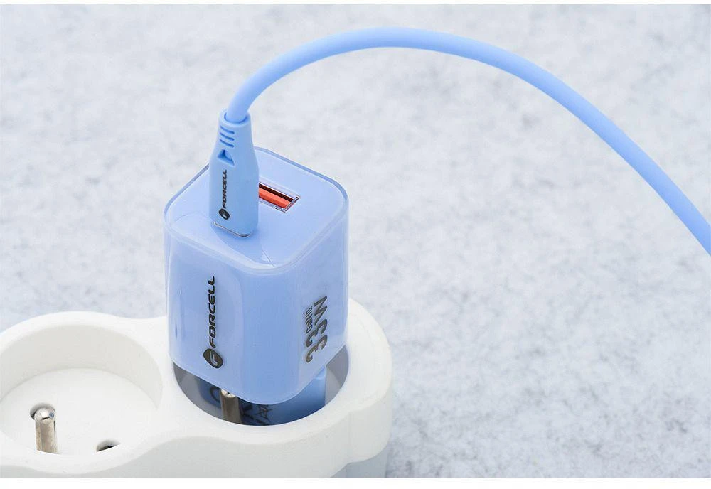 Telefono įkroviklis Forcell F-Energy GaN III Crystal Color USB C + USB A QC4.0 PD 33W + silikoninis laidas USB C į USB C VT-41 mėlynas