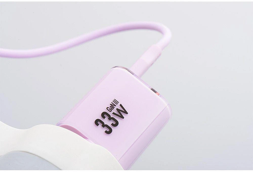 Telefono įkroviklis Forcell F-Energy GaN III Crystal Color USB C + USB A QC4.0 PD 33W + silikoninis laidas USB C į USB C VT-41 violetinė 0INT