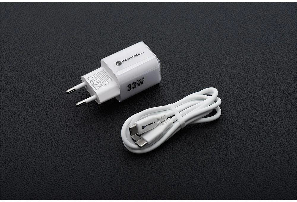 Telefono įkroviklis Forcell F-Energy GaN III Crystal Color USB C + USB A QC4.0 PD 33W + silikoninis laidas USB C į USB C VT-41 baltas 0INT