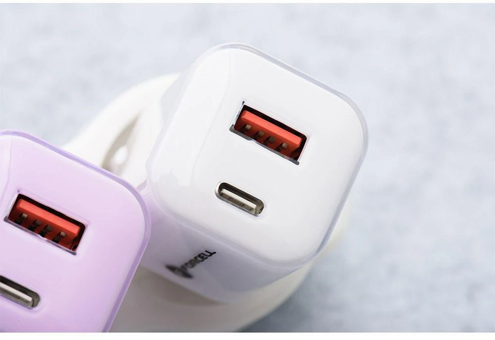 Telefono įkroviklis Forcell F-Energy GaN III Crystal Color USB C + USB A QC4.0 PD 33W + silikoninis laidas USB C į USB C VT-41 baltas 0INT
