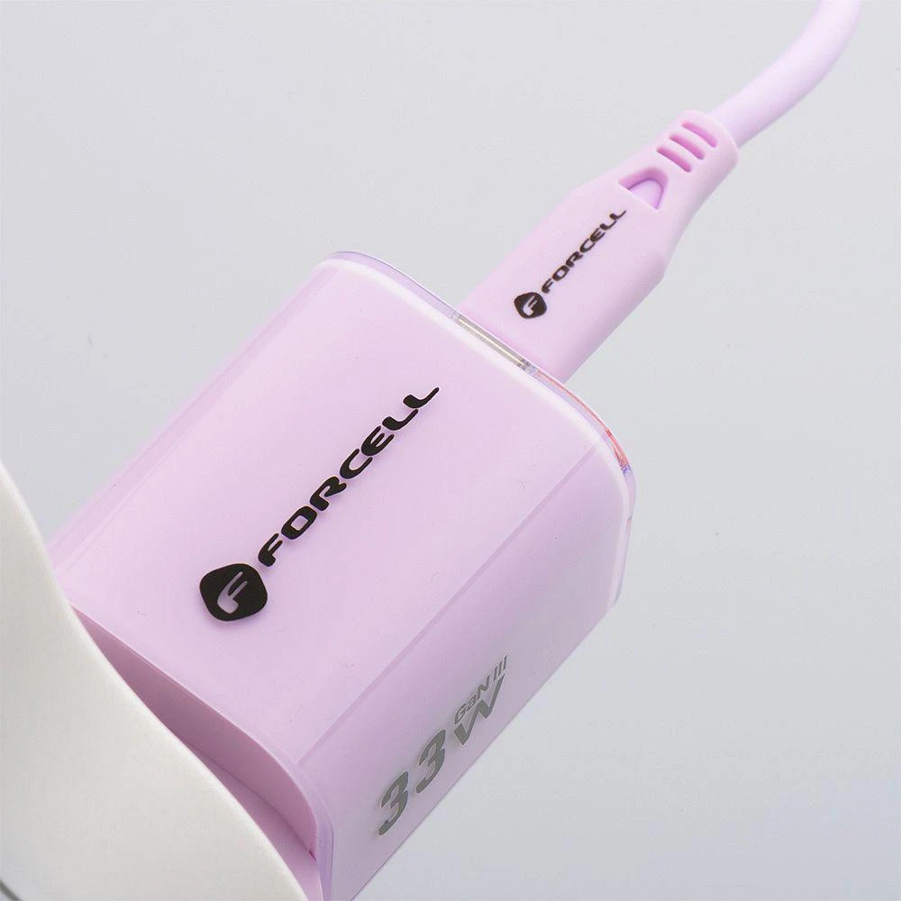 Telefono įkroviklis Forcell F-Energy GaN III Crystal Color USB C + USB A QC4.0 PD 33W + silikoninis laidas USB C į USB C VT-41 violetinė 0INT