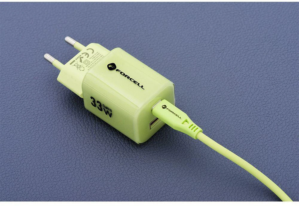 Telefono įkroviklis Forcell F-Energy GaN III Crystal Color USB C + USB A QC4.0 PD 33W + silikoninis laidas USB C į USB C VT-41 žalias
