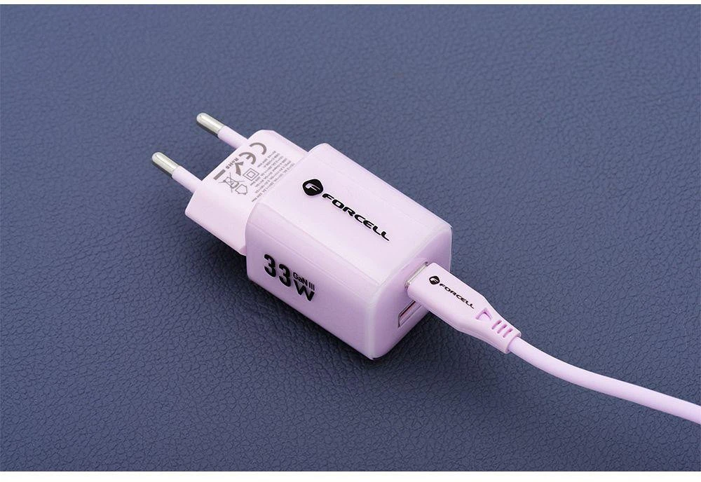 Telefono įkroviklis Forcell F-Energy GaN III Crystal Color USB C + USB A QC4.0 PD 33W + silikoninis laidas USB C į USB C VT-41 violetinė 0INT