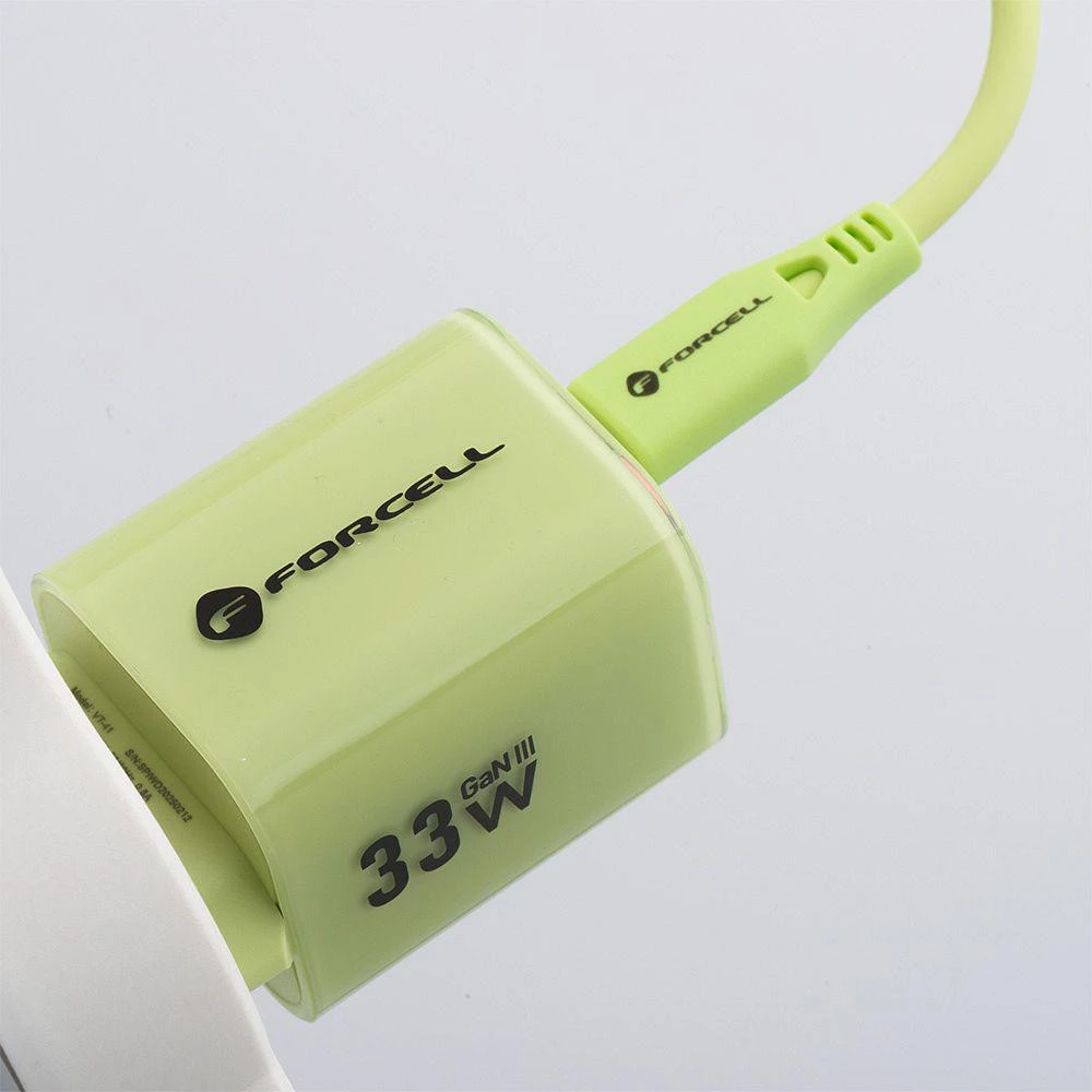 Telefono įkroviklis Forcell F-Energy GaN III Crystal Color USB C + USB A QC4.0 PD 33W + silikoninis laidas USB C į USB C VT-41 žalias