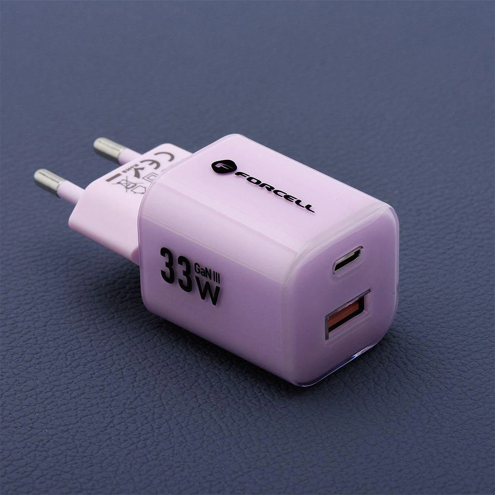 Telefono įkroviklis Forcell F-Energy GaN III Crystal Color USB C + USB A QC4.0 PD 33W + silikoninis laidas USB C į USB C VT-41 violetinė 0INT