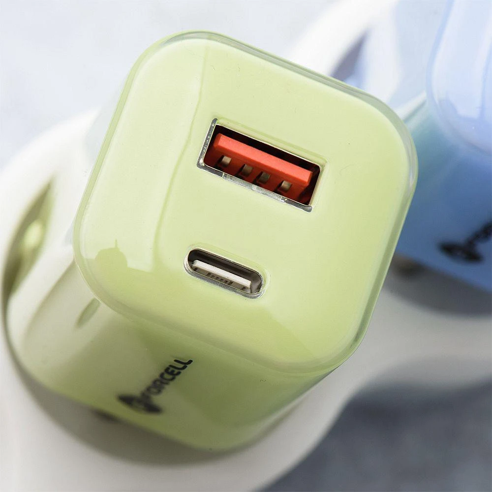 Telefono įkroviklis Forcell F-Energy GaN III Crystal Color USB C + USB A QC4.0 PD 33W + silikoninis laidas USB C į USB C VT-41 žalias