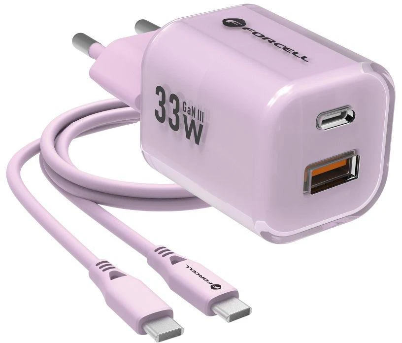 Telefono įkroviklis Forcell F-Energy GaN III Crystal Color USB C + USB A QC4.0 PD 33W + silikoninis laidas USB C į USB C VT-41 violetinė 0INT