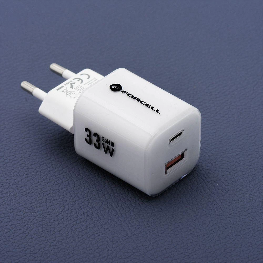 Telefono įkroviklis Forcell F-Energy GaN III Crystal Color USB C + USB A QC4.0 PD 33W + silikoninis laidas USB C į USB C VT-41 baltas 0INT