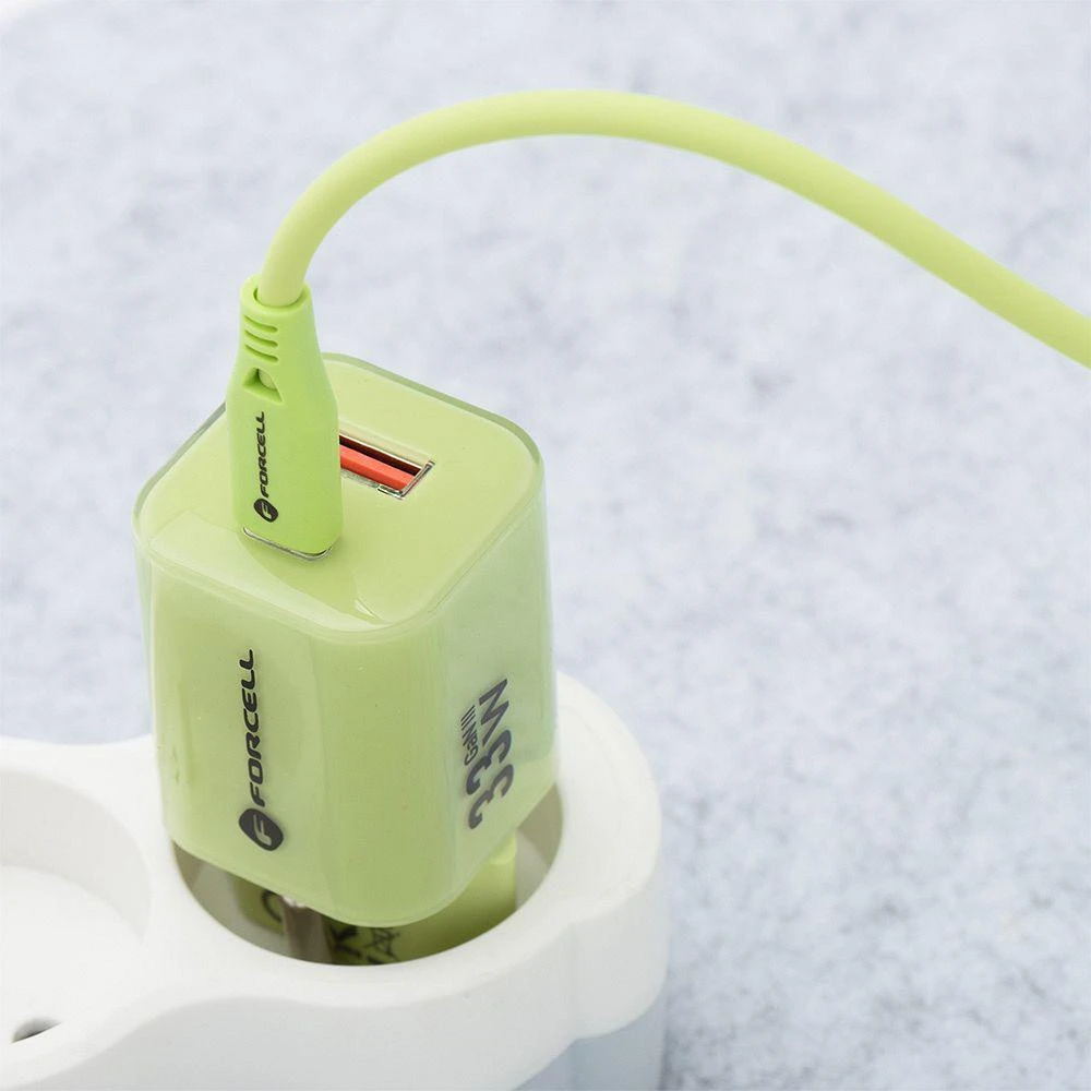 Telefono įkroviklis Forcell F-Energy GaN III Crystal Color USB C + USB A QC4.0 PD 33W + silikoninis laidas USB C į USB C VT-41 žalias