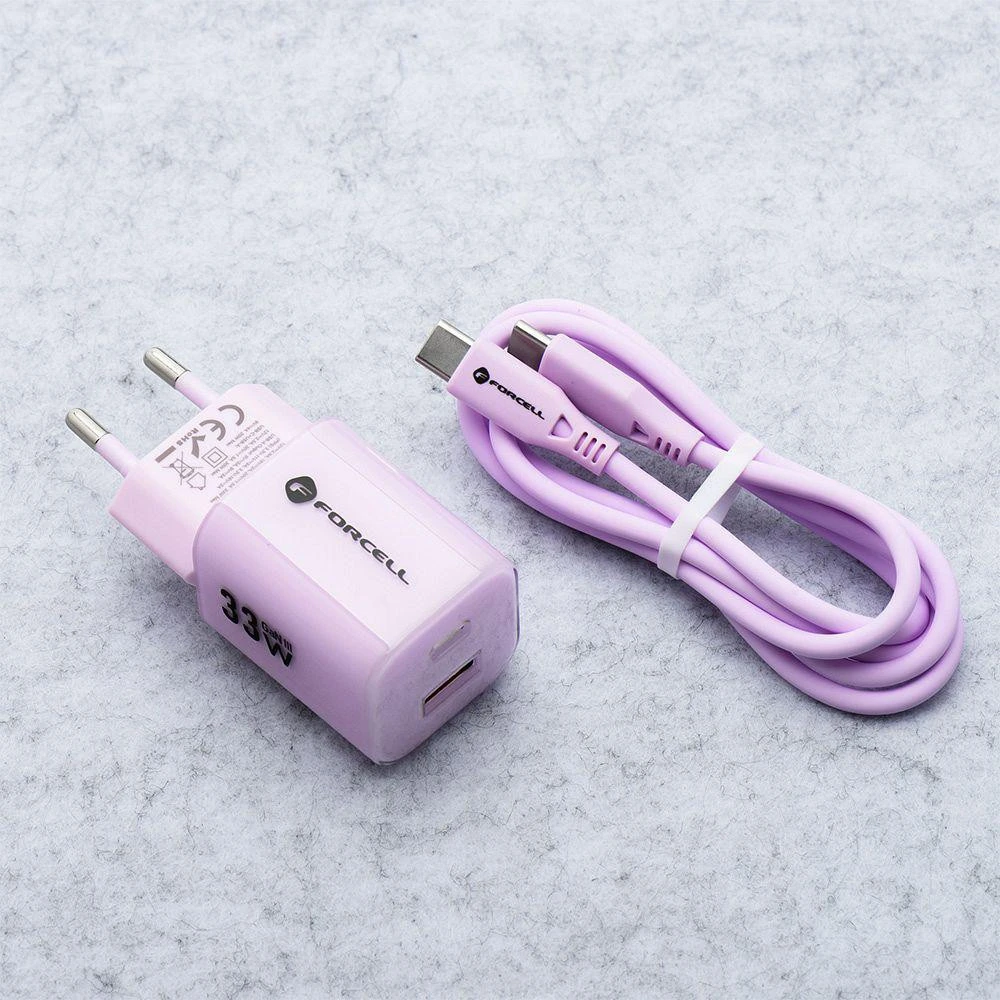 Telefono įkroviklis Forcell F-Energy GaN III Crystal Color USB C + USB A QC4.0 PD 33W + silikoninis laidas USB C į USB C VT-41 violetinė 0INT