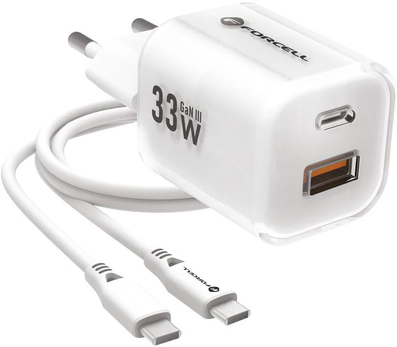 Telefono įkroviklis Forcell F-Energy GaN III Crystal Color USB C + USB A QC4.0 PD 33W + silikoninis laidas USB C į USB C VT-41 baltas 0INT