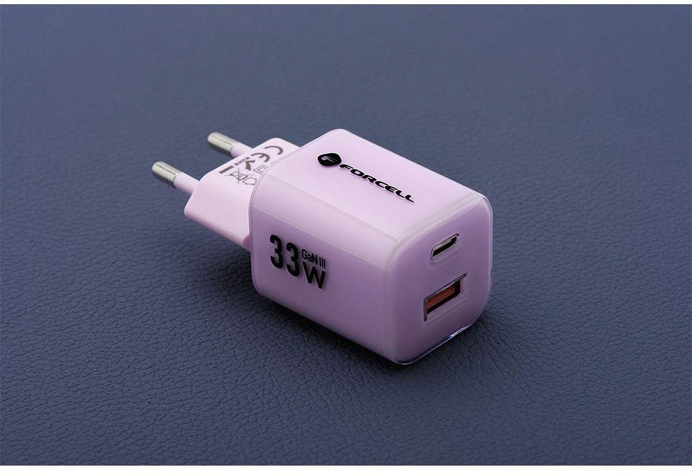 Telefono įkroviklis Forcell F-Energy GaN III Crystal Color USB C + USB A QC4.0 PD 33W + silikoninis laidas USB C į USB C VT-41 violetinė 0INT