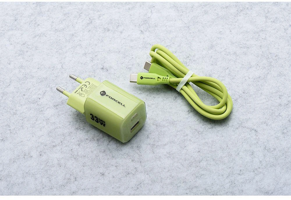 Telefono įkroviklis Forcell F-Energy GaN III Crystal Color USB C + USB A QC4.0 PD 33W + silikoninis laidas USB C į USB C VT-41 žalias