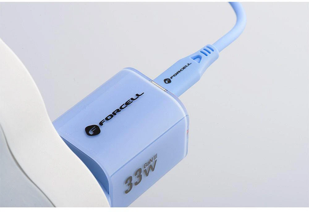 Telefono įkroviklis Forcell F-Energy GaN III Crystal Color USB C + USB A QC4.0 PD 33W + silikoninis laidas USB C į USB C VT-41 mėlynas