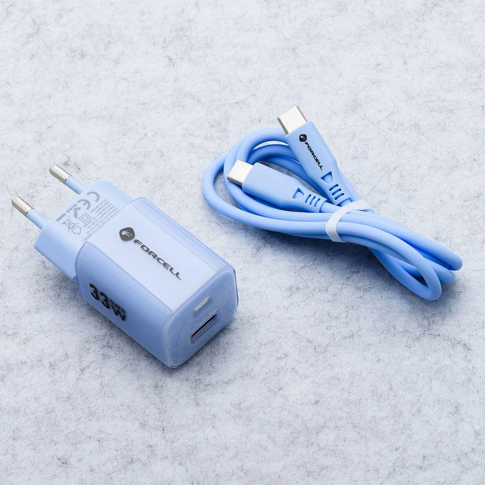 Telefono įkroviklis Forcell F-Energy GaN III Crystal Color USB C + USB A QC4.0 PD 33W + silikoninis laidas USB C į USB C VT-41 mėlynas