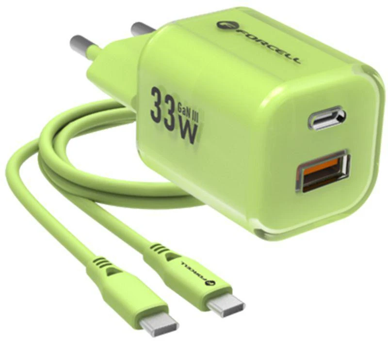 Telefono įkroviklis Forcell F-Energy GaN III Crystal Color USB C + USB A QC4.0 PD 33W + silikoninis laidas USB C į USB C VT-41 žalias