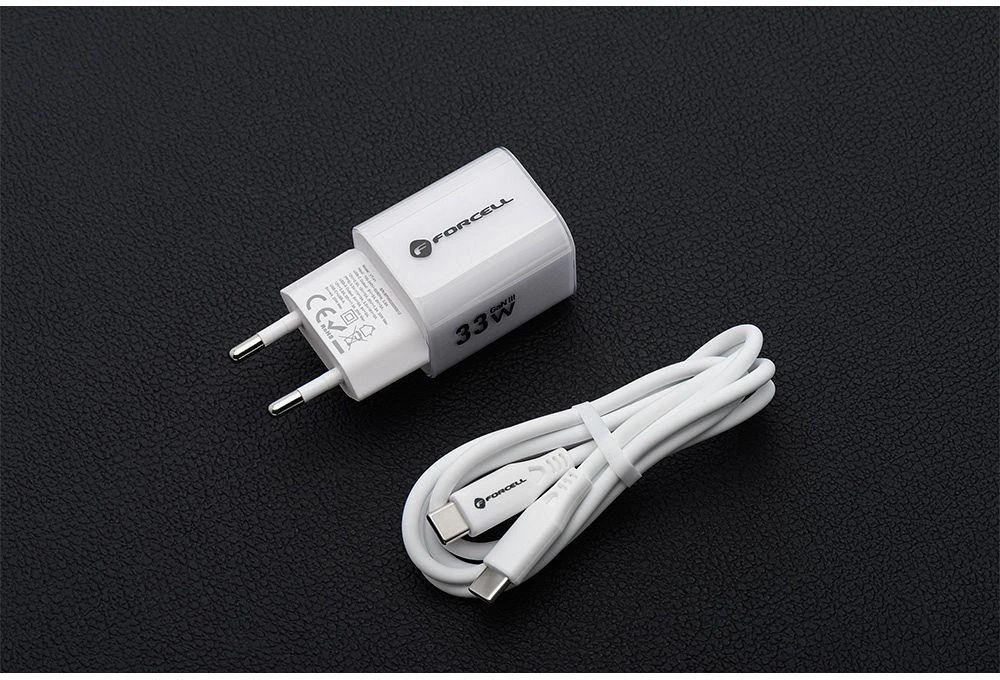 Telefono įkroviklis Forcell F-Energy GaN III Crystal Color USB C + USB A QC4.0 PD 33W + silikoninis laidas USB C į USB C VT-41 baltas 0INT