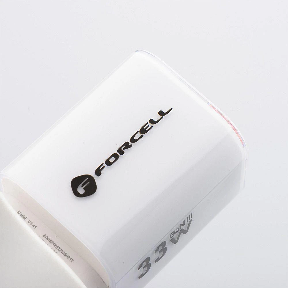 Telefono įkroviklis Forcell F-Energy GaN III Crystal Color USB C + USB A QC4.0 PD 33W + silikoninis laidas USB C į USB C VT-41 baltas 0INT