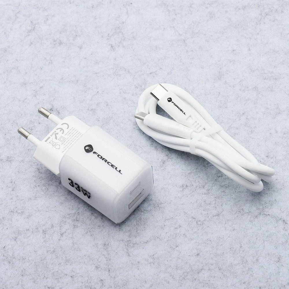 Telefono įkroviklis Forcell F-Energy GaN III Crystal Color USB C + USB A QC4.0 PD 33W + silikoninis laidas USB C į USB C VT-41 baltas 0INT