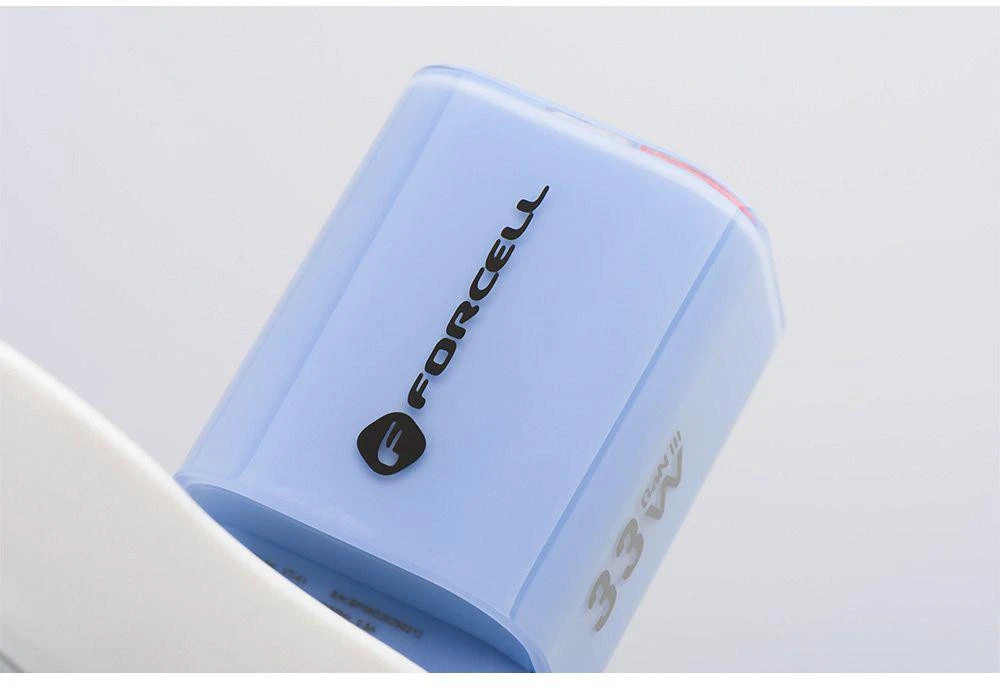 Telefono įkroviklis Forcell F-Energy GaN III Crystal Color USB C + USB A QC4.0 PD 33W + silikoninis laidas USB C į USB C VT-41 mėlynas