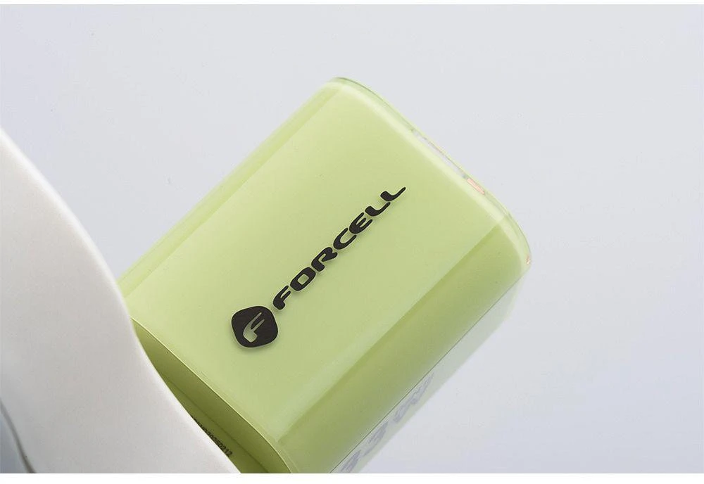 Telefono įkroviklis Forcell F-Energy GaN III Crystal Color USB C + USB A QC4.0 PD 33W + silikoninis laidas USB C į USB C VT-41 žalias