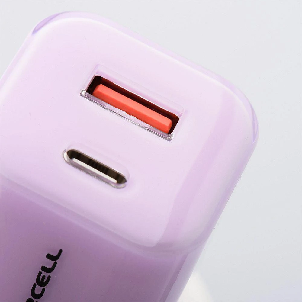 Telefono įkroviklis Forcell F-Energy GaN III Crystal Color USB C + USB A QC4.0 PD 33W + silikoninis laidas USB C į USB C VT-41 violetinė 0INT