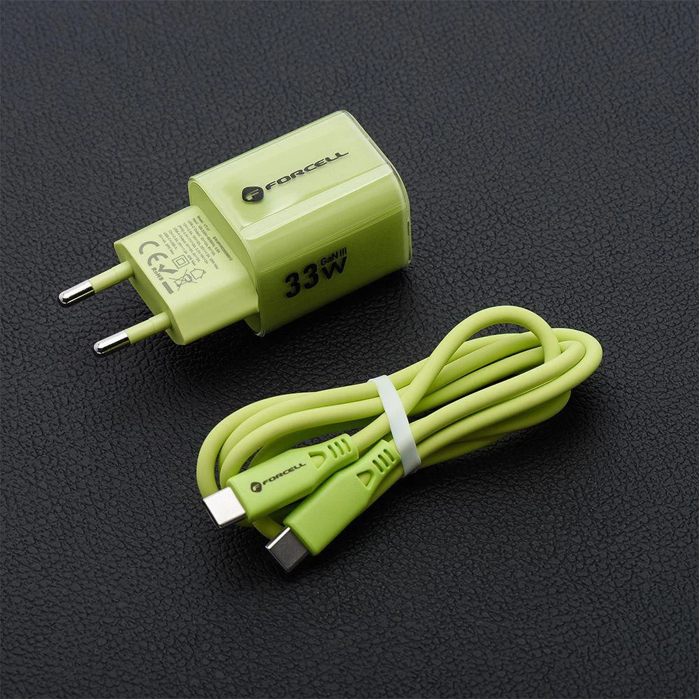 Telefono įkroviklis Forcell F-Energy GaN III Crystal Color USB C + USB A QC4.0 PD 33W + silikoninis laidas USB C į USB C VT-41 žalias