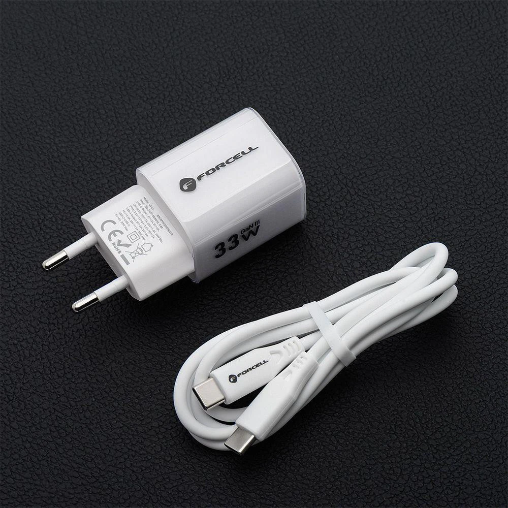 Telefono įkroviklis Forcell F-Energy GaN III Crystal Color USB C + USB A QC4.0 PD 33W + silikoninis laidas USB C į USB C VT-41 baltas 0INT
