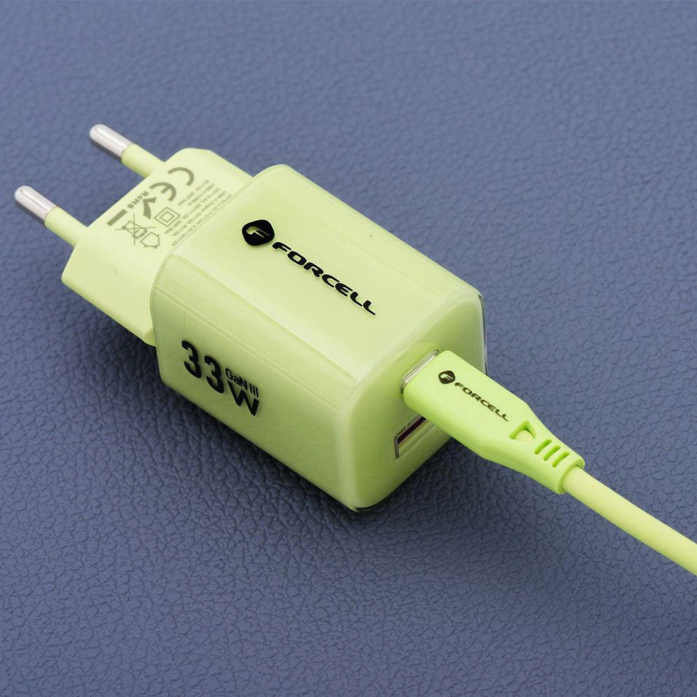 Telefono įkroviklis Forcell F-Energy GaN III Crystal Color USB C + USB A QC4.0 PD 33W + silikoninis laidas USB C į USB C VT-41 žalias