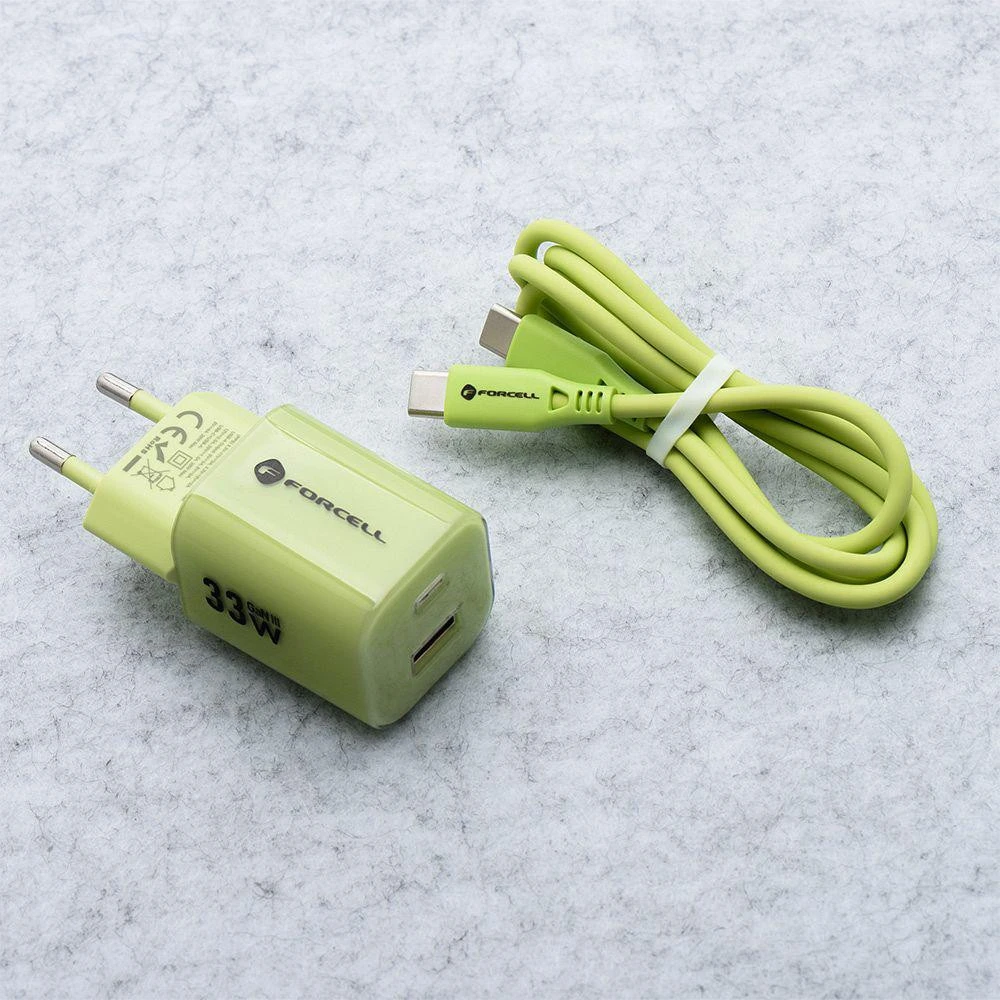 Telefono įkroviklis Forcell F-Energy GaN III Crystal Color USB C + USB A QC4.0 PD 33W + silikoninis laidas USB C į USB C VT-41 žalias