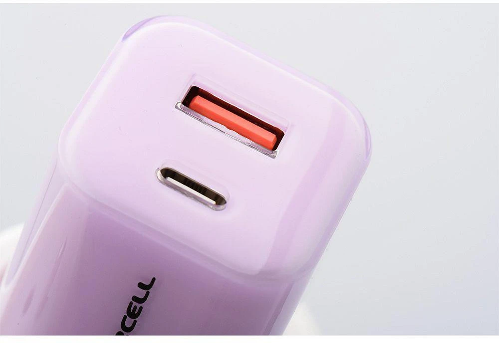 Telefono įkroviklis Forcell F-Energy GaN III Crystal Color USB C + USB A QC4.0 PD 33W + silikoninis laidas USB C į USB C VT-41 violetinė 0INT
