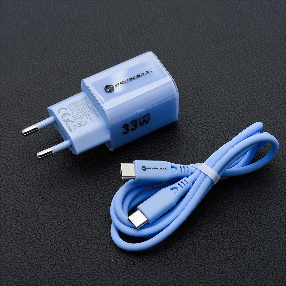 Telefono įkroviklis Forcell F-Energy GaN III Crystal Color USB C + USB A QC4.0 PD 33W + silikoninis laidas USB C į USB C VT-41 mėlynas